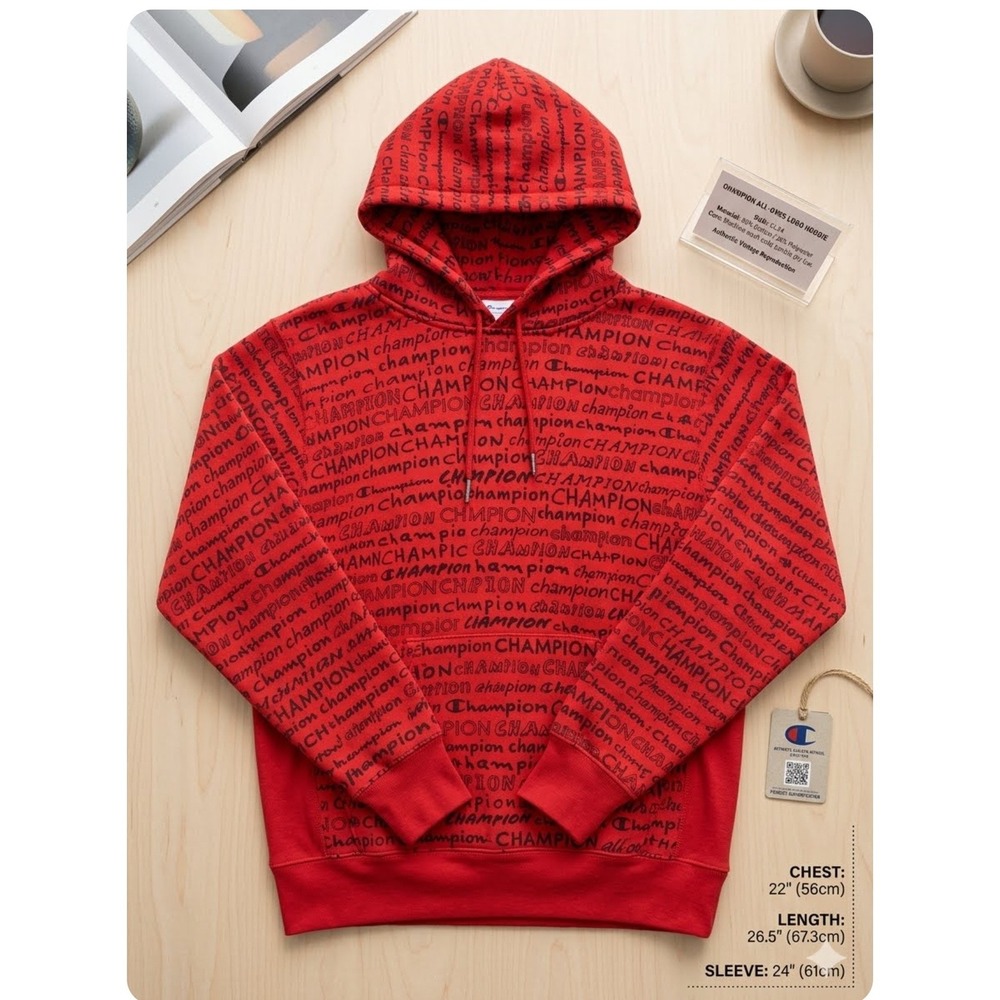 Champion Kids Red All Over Logo Script Hoodie Sweatshirt Size XL